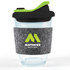 A reusable coffee cup with a clear body, black snap lid, and grey RPET band featuring a green logo.