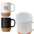 A ceramic mug with a cork base, featuring a white and black colour scheme and a logo.