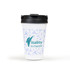 A drink bottle featuring a white body with a black lid and a decorative pattern, along with a logo.