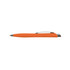 An orange plastic pen with a silver clip and a sleek design. It features a logo on the barrel.