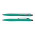 A teal plastic pen with a silver clip, featuring a sleek design and a shiny tip. 