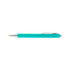 A turquoise plastic pen with a silver clip and tip, featuring a simple design and a logo.