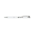 A metal pen in white with a chrome clip and a logo on the barrel.
