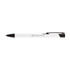 A black and white metal pen featuring a clip and a branding logo.