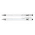 A white stylus pen with a chrome clip and tip, alongside a white ballpoint pen with a chrome accent.
