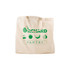 A beige reusable grocery bag with short handles and green branding. Features fruit designs and a logo.