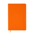An orange A5 notebook with a smooth cover, an elastic closure, and a ribbon bookmark.