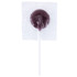 A purple lollipop wrapped in clear plastic with a white stick and a branding logo.