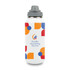 A drink bottle featuring a white background with colourful geometric patterns and a grey lid. It has a logo on the front.