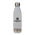 A drink bottle made of clear plastic with a stainless steel lid and a logo on the front.