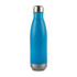 A drink bottle in a vibrant blue colour with a stainless steel base and a screw-on lid. It features a logo.