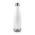A drink bottle in a sleek white design with a stainless steel base and finish. It features a logo on the front.