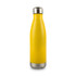 A drink bottle in bright yellow with a stainless steel base and neck. It features a logo.