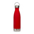 A drink bottle in bright red with a stainless steel base and a hanger lid. It features a logo on the side.