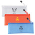 Three pencil cases in clear, orange, and blue with various illustrations and branding accents.