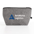 A grey felt pouch with a zipper, featuring a logo on the side. Suitable for toiletries and accessories.