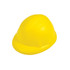 A yellow hard hat stress reliever with a smooth surface and rounded shape. It features a branding logo.