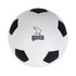A white soccer ball stress reliever with black patches and a logo.