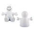 A white stress reliever shaped like a smiling figure, sitting with outstretched arms. Features a simple design and facial expression.
