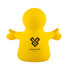A yellow stress reliever in the shape of a fun character with outstretched arms, featuring a logo.