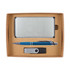 A cardboard gift set containing a silver power bank, a blue pen, and a USB flash drive. The set is housed in a brown box.