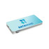 A wireless power bank in light blue and white, featuring a logo on the top surface.