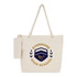A cream canvas tote bag with a rope handle and a logo featuring a shield and text. It includes a zippered pouch.