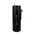 A drink bottle in black stainless steel with a lid and a logo on the front.