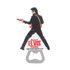 A drink bottle opener shaped like a musician with a guitar, featuring black, white, and red colours, and a logo.