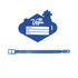 A blue custom-shaped PVC luggage tag with a matching strap and space for personal details. Features a logo.