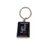 A custom-shaped metal keyring with a domed epoxy finish, featuring a rectangular design and a silver keyring.