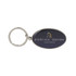 A metallic keyring with a silver ring and an oval epoxy domed surface featuring a logo.