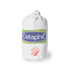 A white travel towel packaged in a mesh bag, featuring a logo and bright green and blue details.