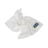 A white gym towel is folded and arranged, featuring a logo on one corner.