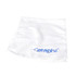 A white travel towel featuring a blue logo, folded neatly on a white background.