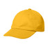 A yellow cap with a curved brim and a fitted design, featuring a logo on the front.