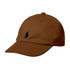 A brown cap with a curved brim and a logo on the front.