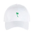 A white cap featuring a green palm tree design and a logo on the front.
