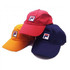 Three sport caps displayed in red, orange, and navy colours, each featuring a logo on the front.