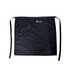 A black polyester canvas half apron with a pocket and a logo on one side.