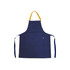 A navy blue poly-cotton canvas apron with a yellow neck strap and ties, featuring multiple pockets and a logo.