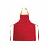A red poly-cotton canvas bib apron with a yellow neck strap and pockets, featuring a logo.