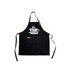 A black poly-cotton canvas bib apron with a neck strap and a logo design. Includes a front pocket.