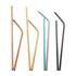 A set of stainless steel straws in various colours: gold, copper, black, and multi-coloured. Each straw has a distinct shape.