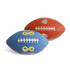 Two American footballs are displayed, one blue with white laces and one orange with white laces, both featuring a logo.