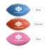 Three American footballs in blue, orange, and pink, each featuring a logo. Text labels indicate their colours.