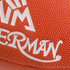 An American football in orange with textured surface and a white logo.
