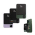 A collection of three power banks in purple, green, and black, featuring a digital display and a logo.