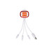 A white LED charging cable with multiple connectors, featuring a red accent and a logo.