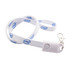 A white polyester lanyard featuring a logo and a clip for attaching items.